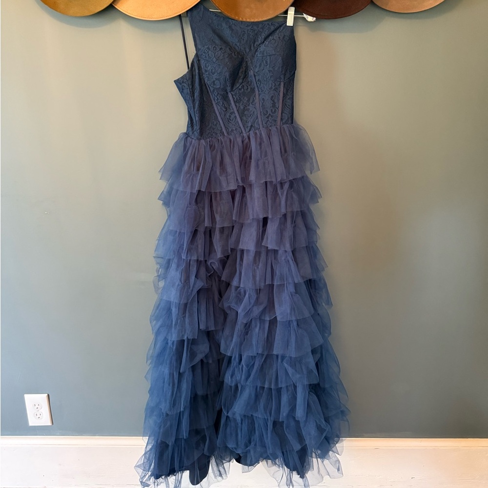 Navy Blue Bustier one shoulder Tulle tiered Maxi Dress Gown sz 4